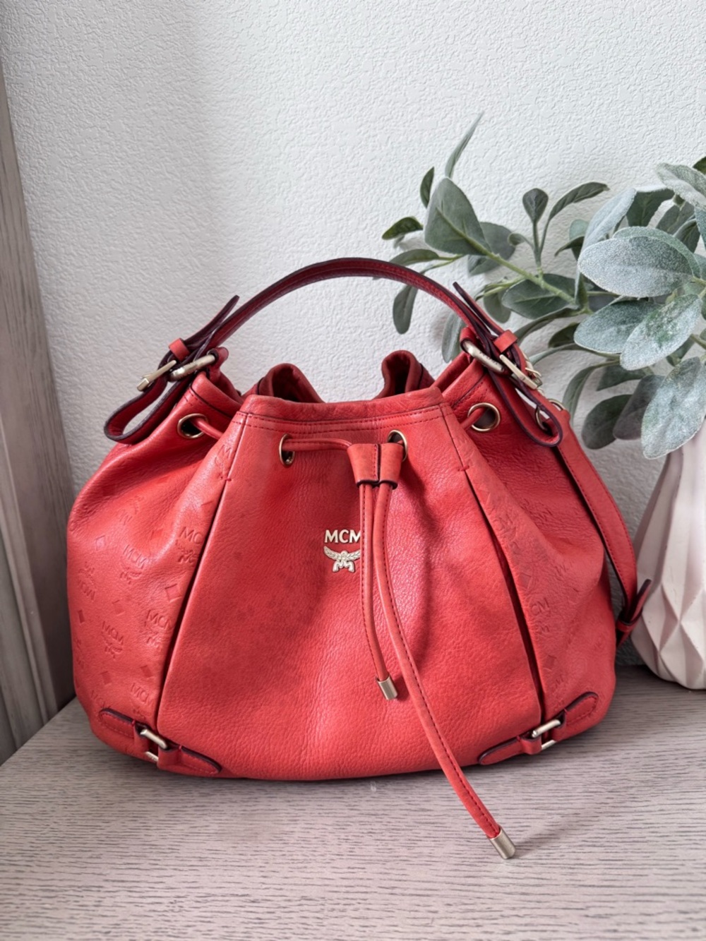 MCM Red Leather Drawstring Shoulder Bag
